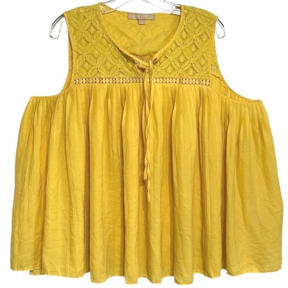 Hope & Harlow Pleated Blouse Women‎ Yellow Lace Crochet Sunny Boho Festival 1X